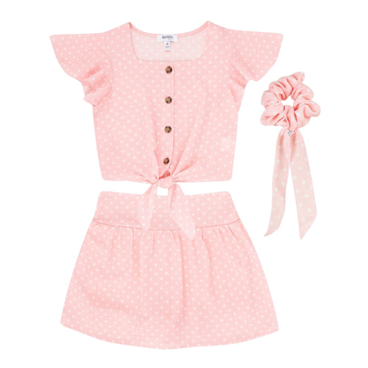 SPEECHLESS Girls Sets L / Pink SPEECHLESS - Button Front Top and Flare Skirt Matching 2-Piece Outfit Set with Scrunchie