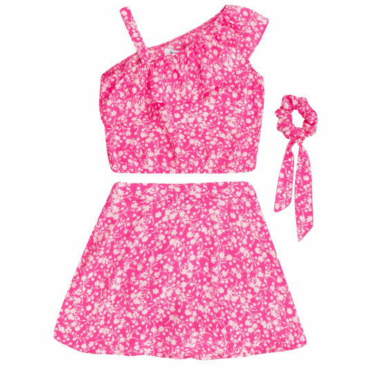 SPEECHLESS Girls Sets XL / Pink SPEECHLESS -  Ditsy Floral Scooter Top with Skirt and Scrunchie, 3-Piece Set
