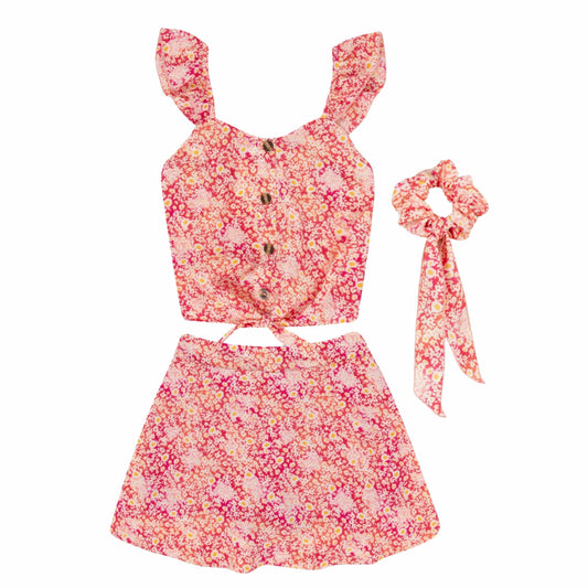 SPEECHLESS Girls Sets SPEECHLESS - Floral Tie Front Scooter Top with Skirt and Scrunchie, 3-Piece Set