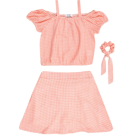 SPEECHLESS Girls Sets L / Multi-Color SPEECHLESS - Gingham Plaid Scooter Top with Skirt and Scrunchie, 3-Piece Set