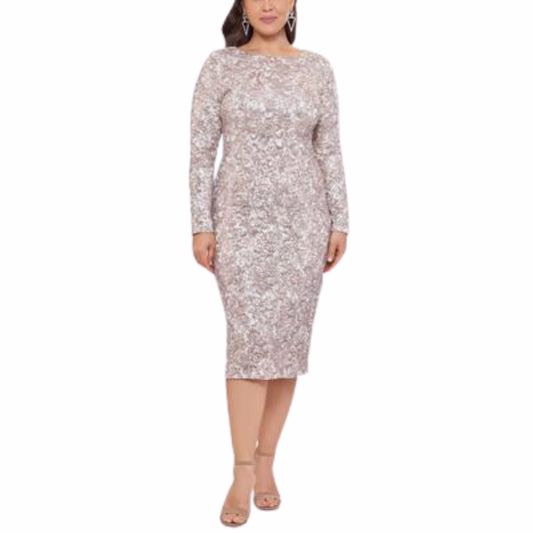 XSCAPE Womens Dress XXL / Beige XSCAPE - Sequined Mid Calf Cocktail and Party Dress
