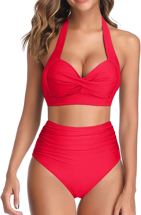 Plus Size Halter High Waisted Ruched Bikini Set