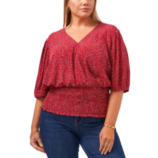 1.STATE Womens Tops XXL / Red 1.STATE - Smocked-Waist Printed Top