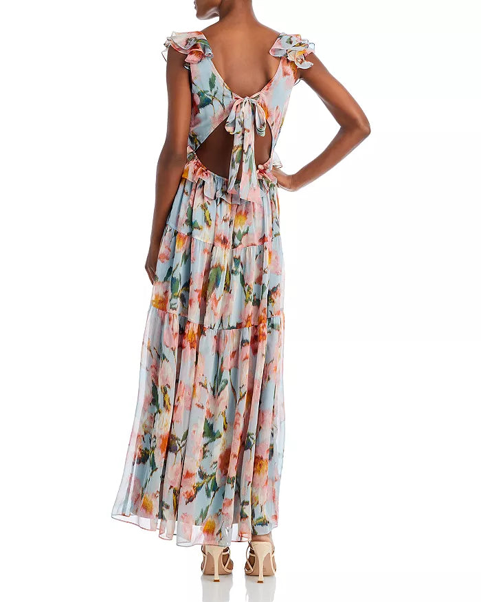 AQUA - Floral Print Ruffle Maxi Dress