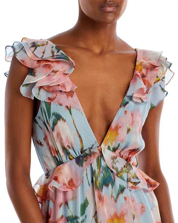 AQUA - Floral Print Ruffle Maxi Dress