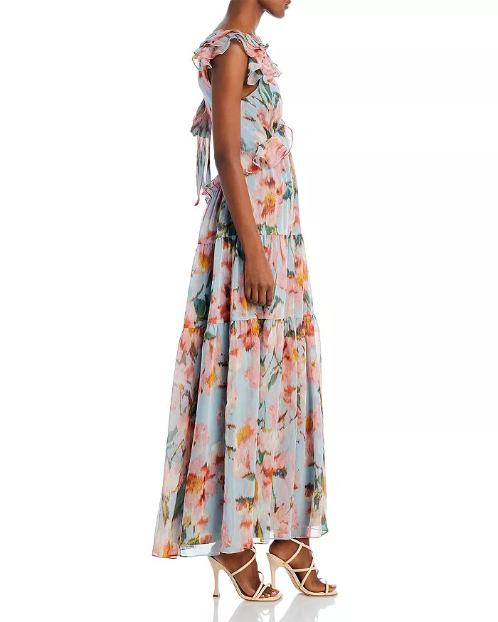 AQUA - Floral Print Ruffle Maxi Dress