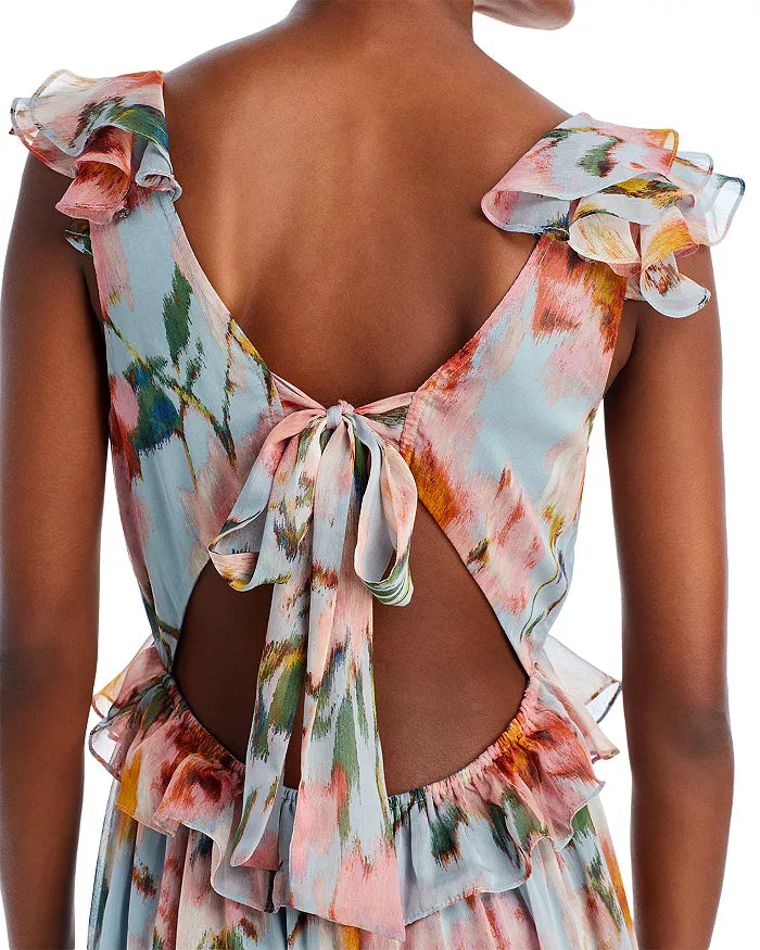 AQUA - Floral Print Ruffle Maxi Dress