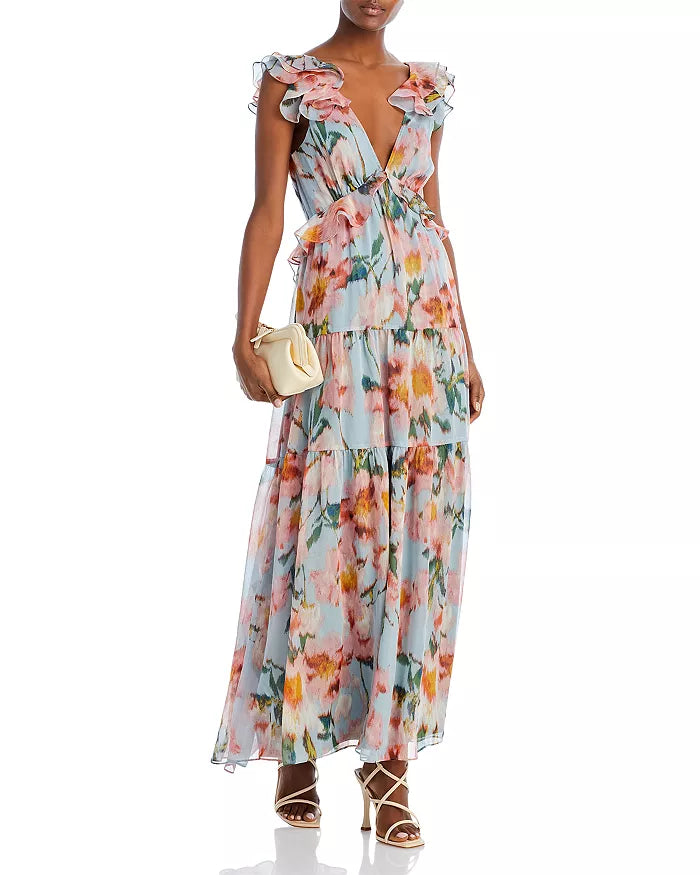 AQUA - Floral Print Ruffle Maxi Dress