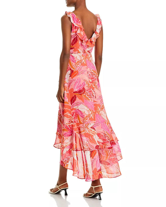 AQUA - Botanical Print High/Low Wrap Dress