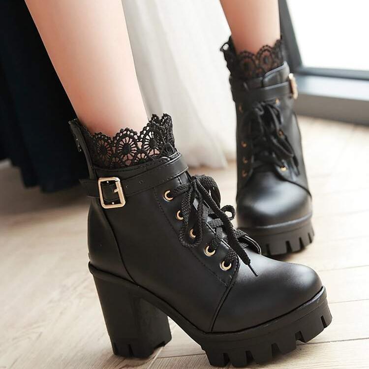 SHEIN - Solid Lace Decor Buckle Detail Boots