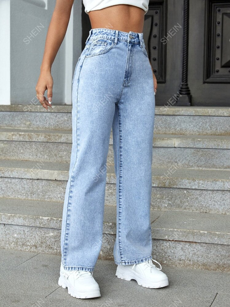 SHEIN - EZwear Brushed Fabric Thermal High Waist Straight Leg Jeans