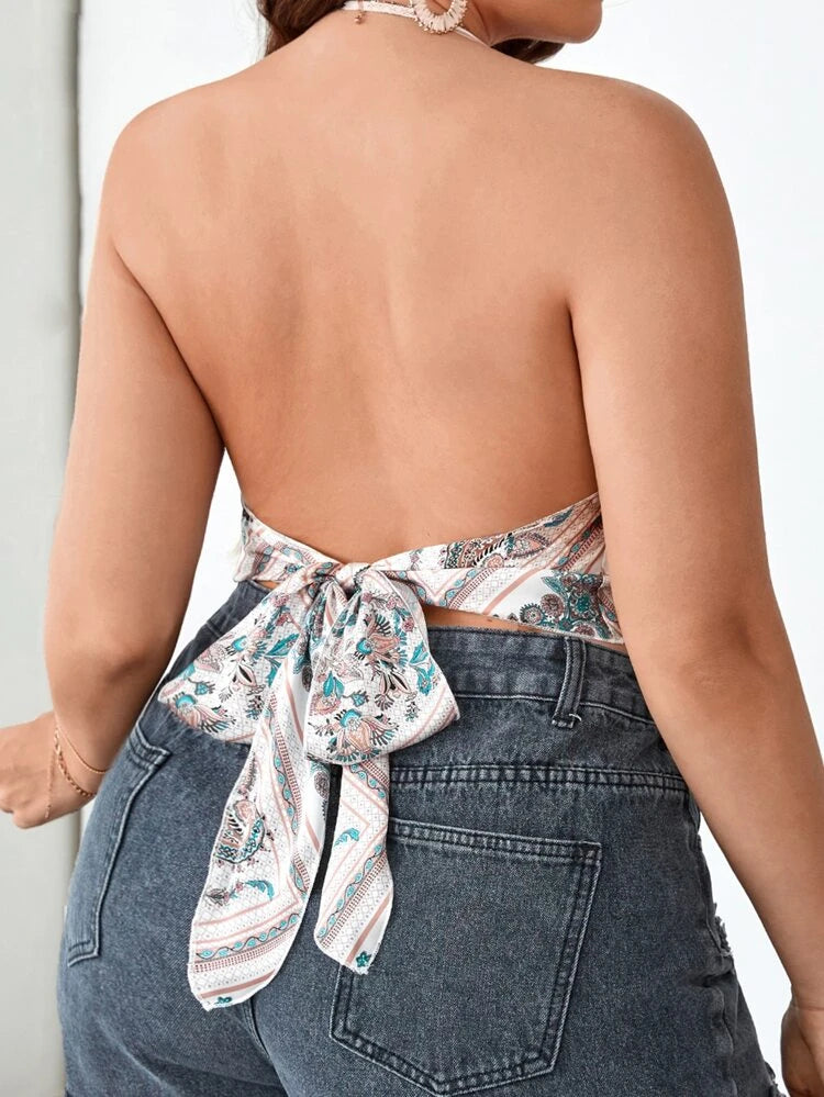 SHEIN - Plus Tied Backless Hanky Hem Paisley Print Tank Top