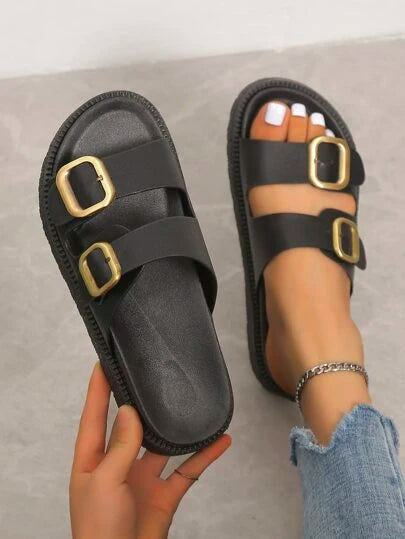 SHEIN - Buckle Decor Footbed Slippers