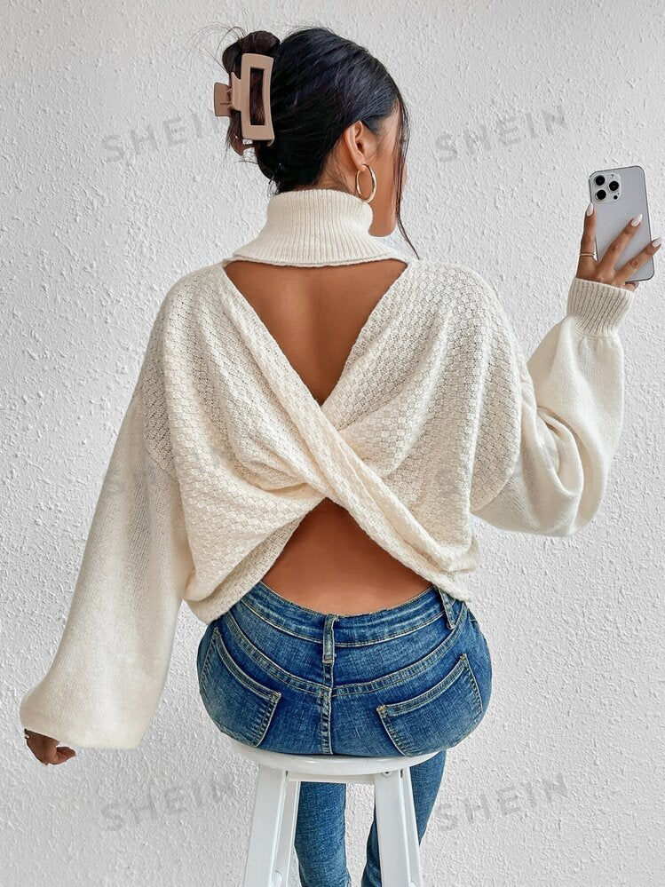 SHEIN - Turtleneck Twist Back Bishop Sleeve Sweater