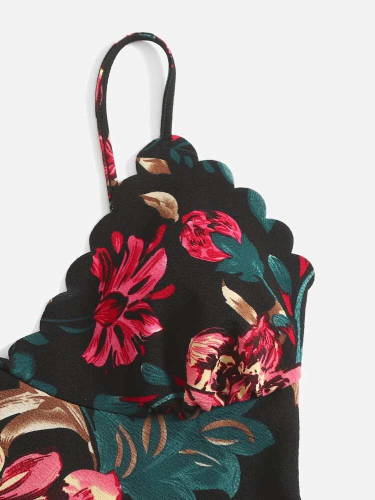 SHEIN - Floral Print Scallop Trim Cami Bodysuit