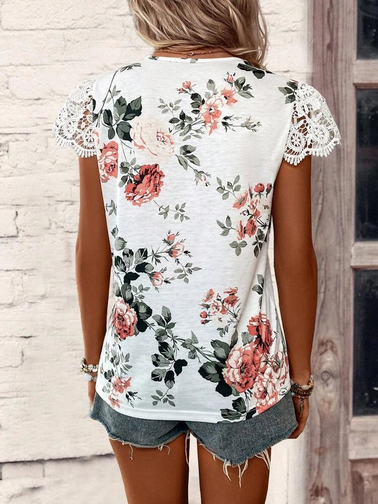 SHEIN -  Floral Print Guipure Lace Insert Blouse