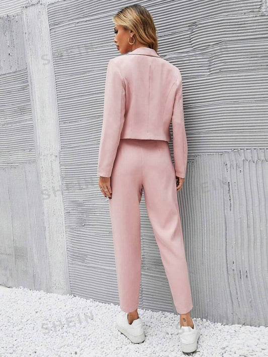 SHEIN - Short Blazer Jacket And Pleated Front Pocket Straight Leg Pants Suit