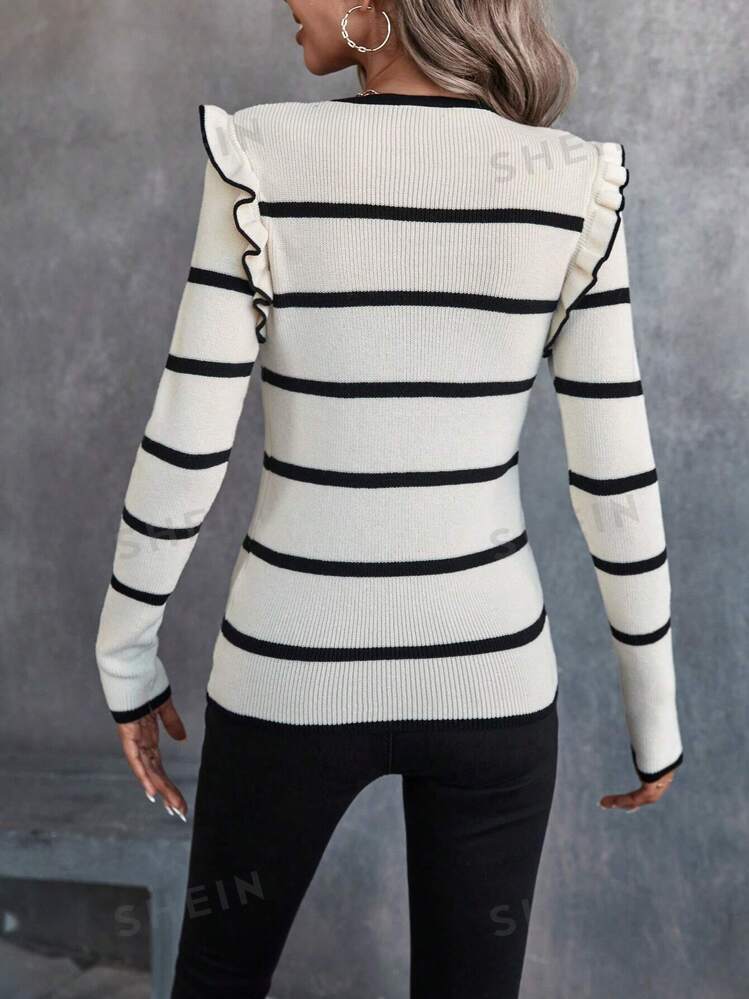 SHEIN - Relaxiva Striped Pattern Ruffle Trim Sweater