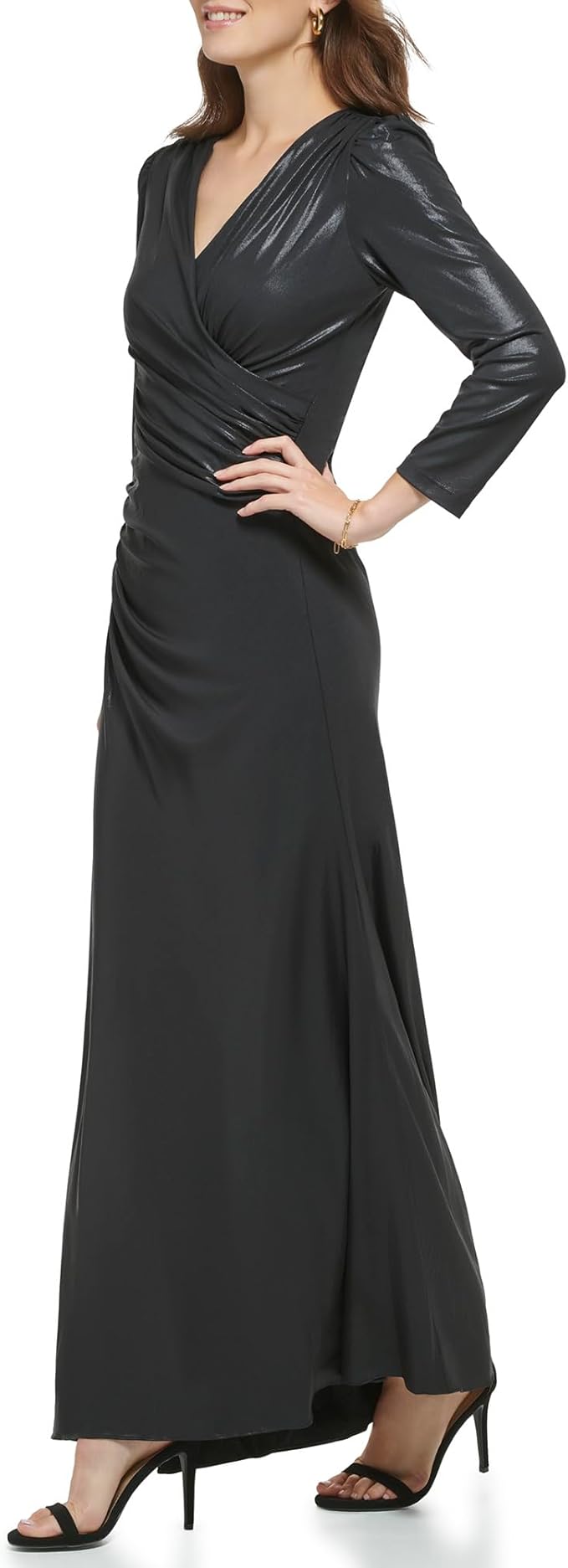 DKNY -  Side Ruched Glazed Jersey V-Neck Dress