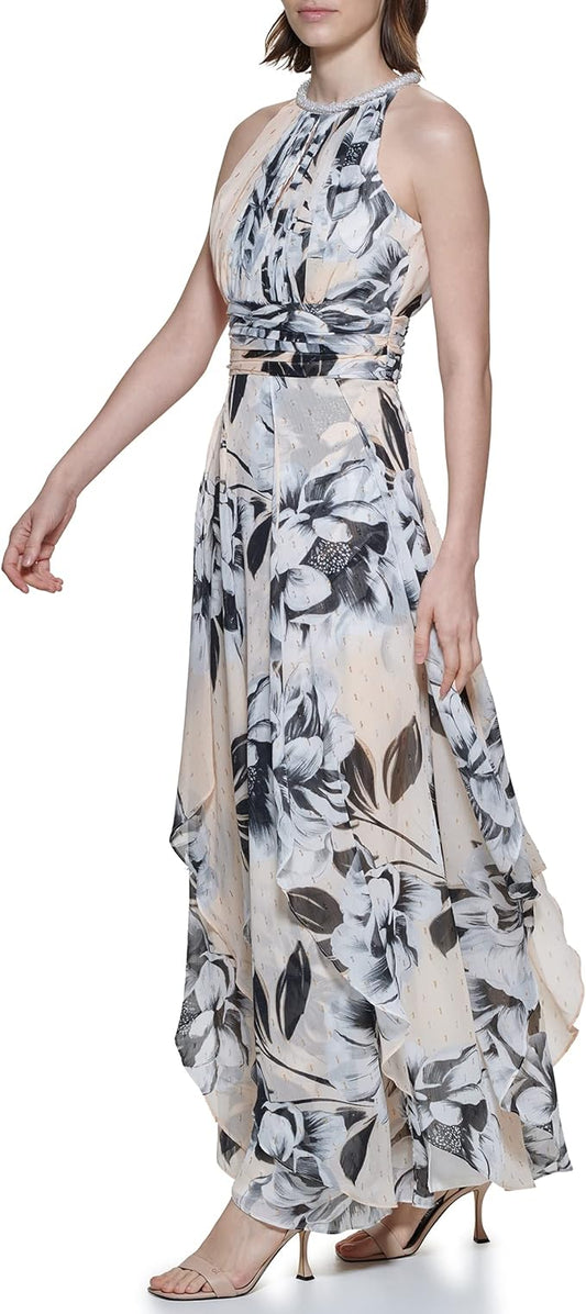 CALVIN KLEIN - Halter Neck Gown with Draped Front & Beading