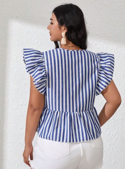 SHEIN - Striped Ruffle Armhole Asymmetrical Peplum Blouse