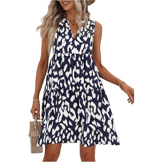 SHEIN - Graphic Print Sleeveless V Neck Dress Casual Ruffle Hem Flare Short Dresses