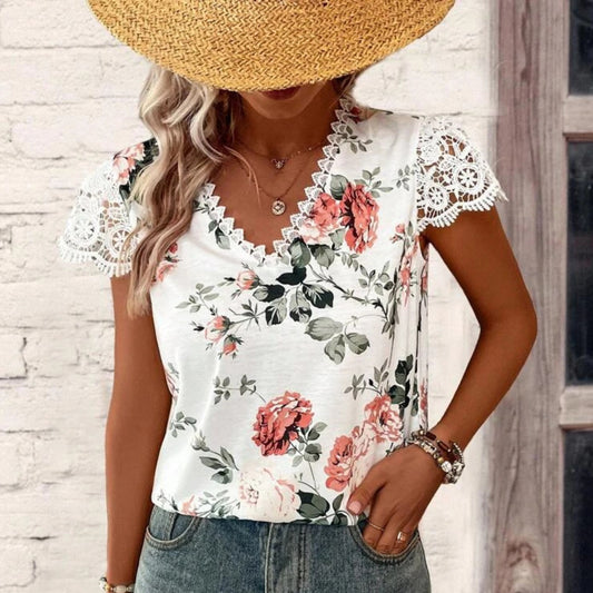 SHEIN -  Floral Print Guipure Lace Insert Blouse