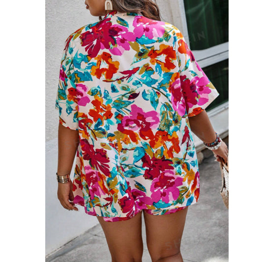 SHEIN - Floral Print Open Front Blouse & Shorts Set