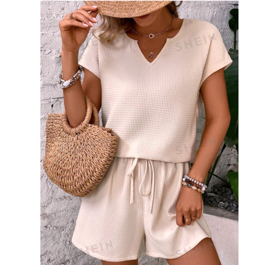 SHEIN - Notched Neck Batwing Sleeve Blouse & Tie Front Shorts Set