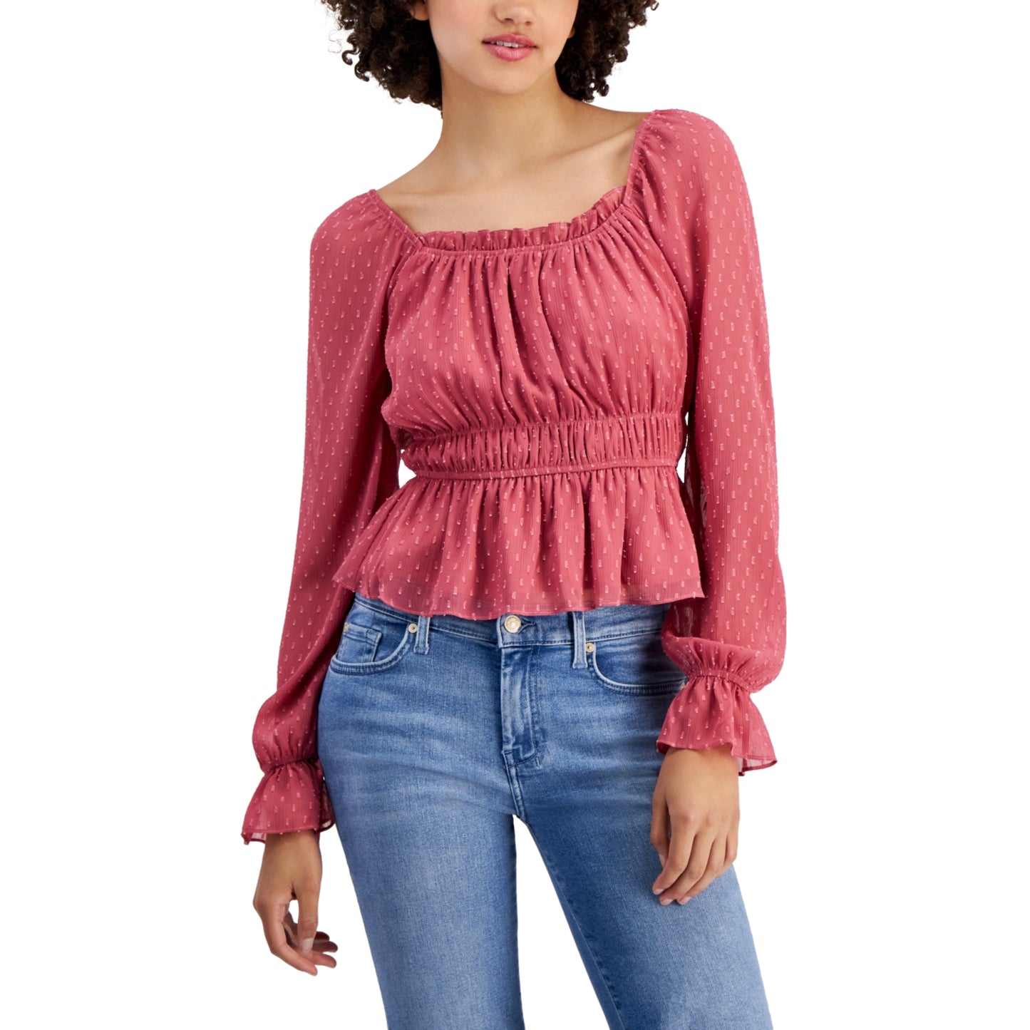 PLANET HEART - Long-Sleeve Ruched Peplum Top