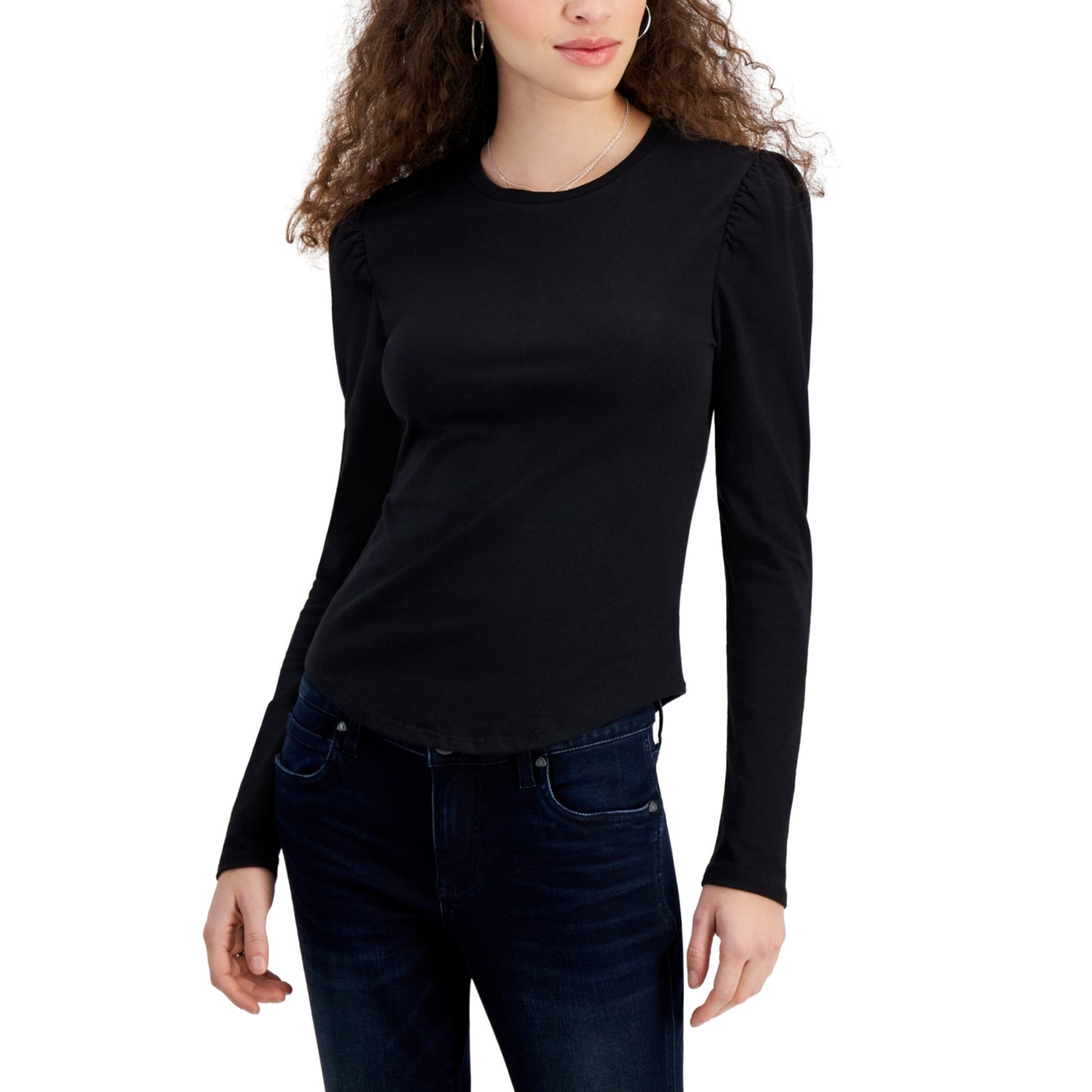 DEREK HEART - Crewneck Puff-Shoulder Long-Sleeve Top