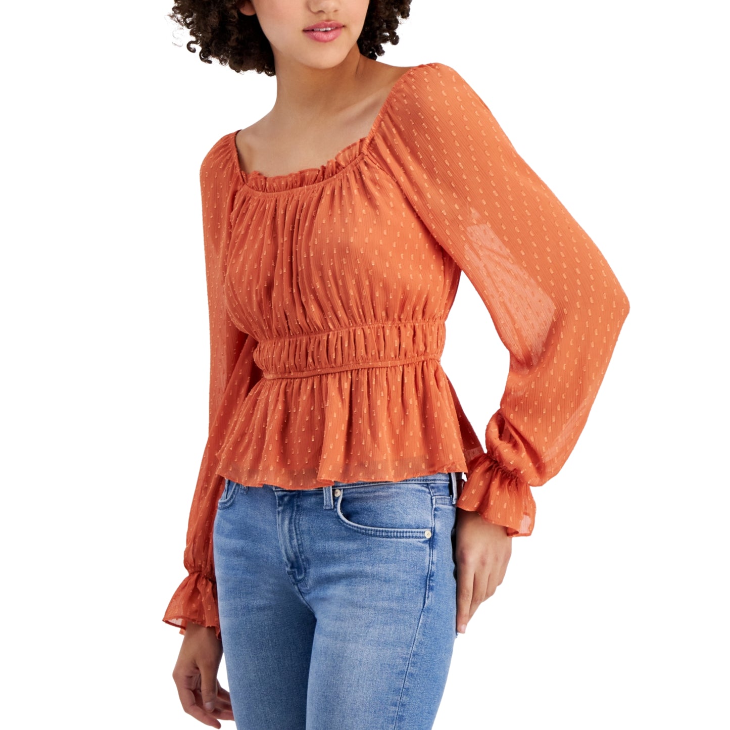 PLANET HEART - Long-Sleeve Ruched Peplum Top