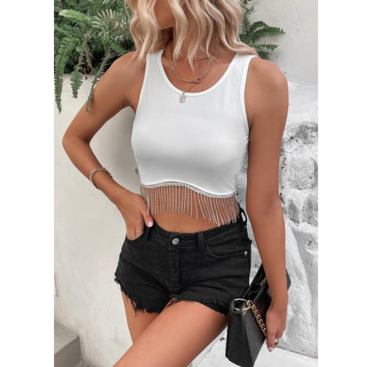 SHEIN - Rhinestone fring design crop top