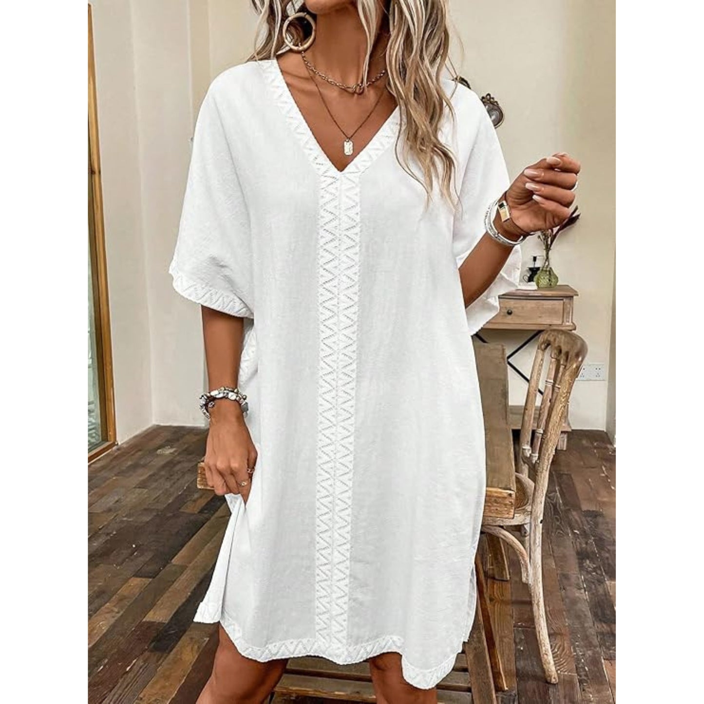 SHEIN - Contrast Lace Batwing Sleeve Tunic Dress