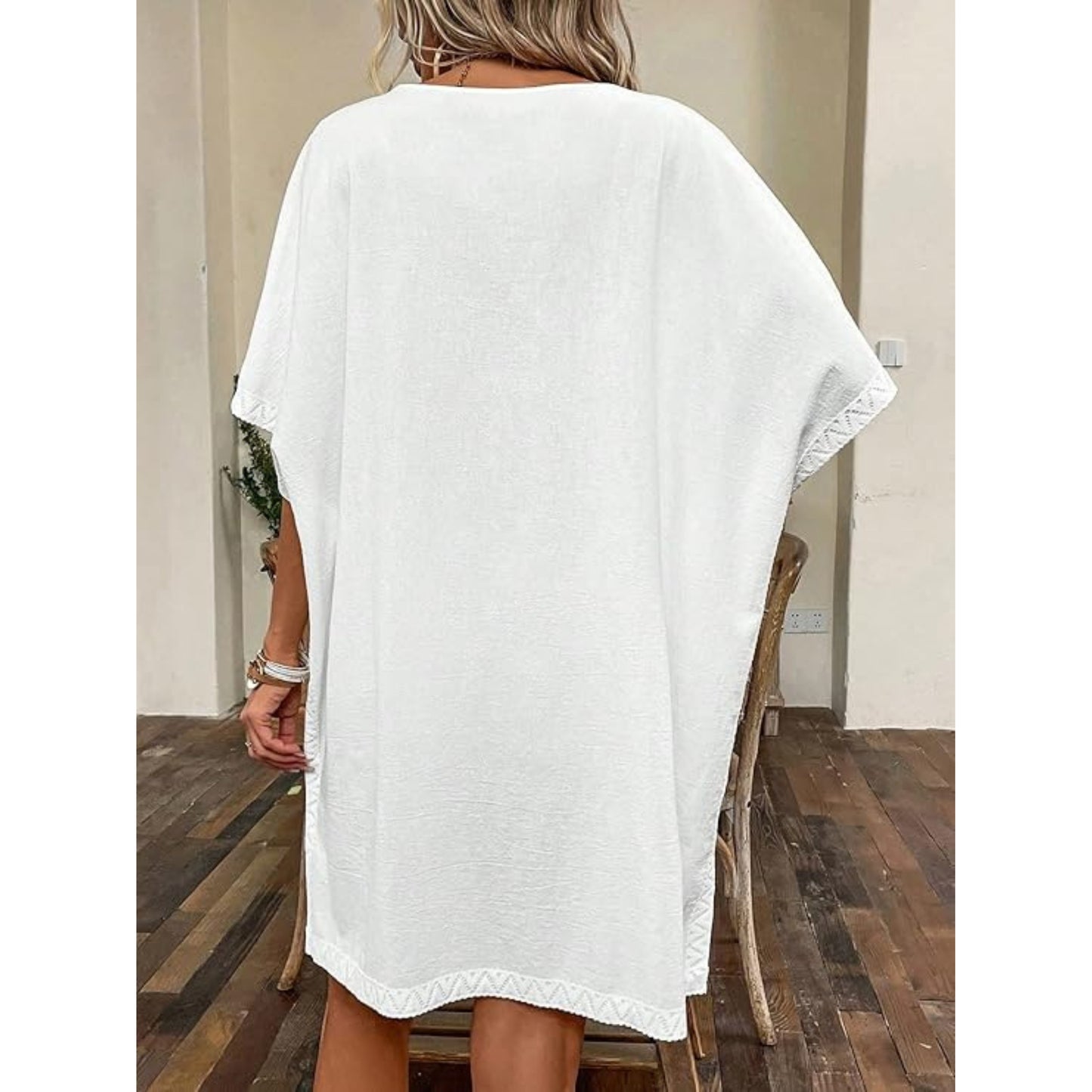 SHEIN - Contrast Lace Batwing Sleeve Tunic Dress