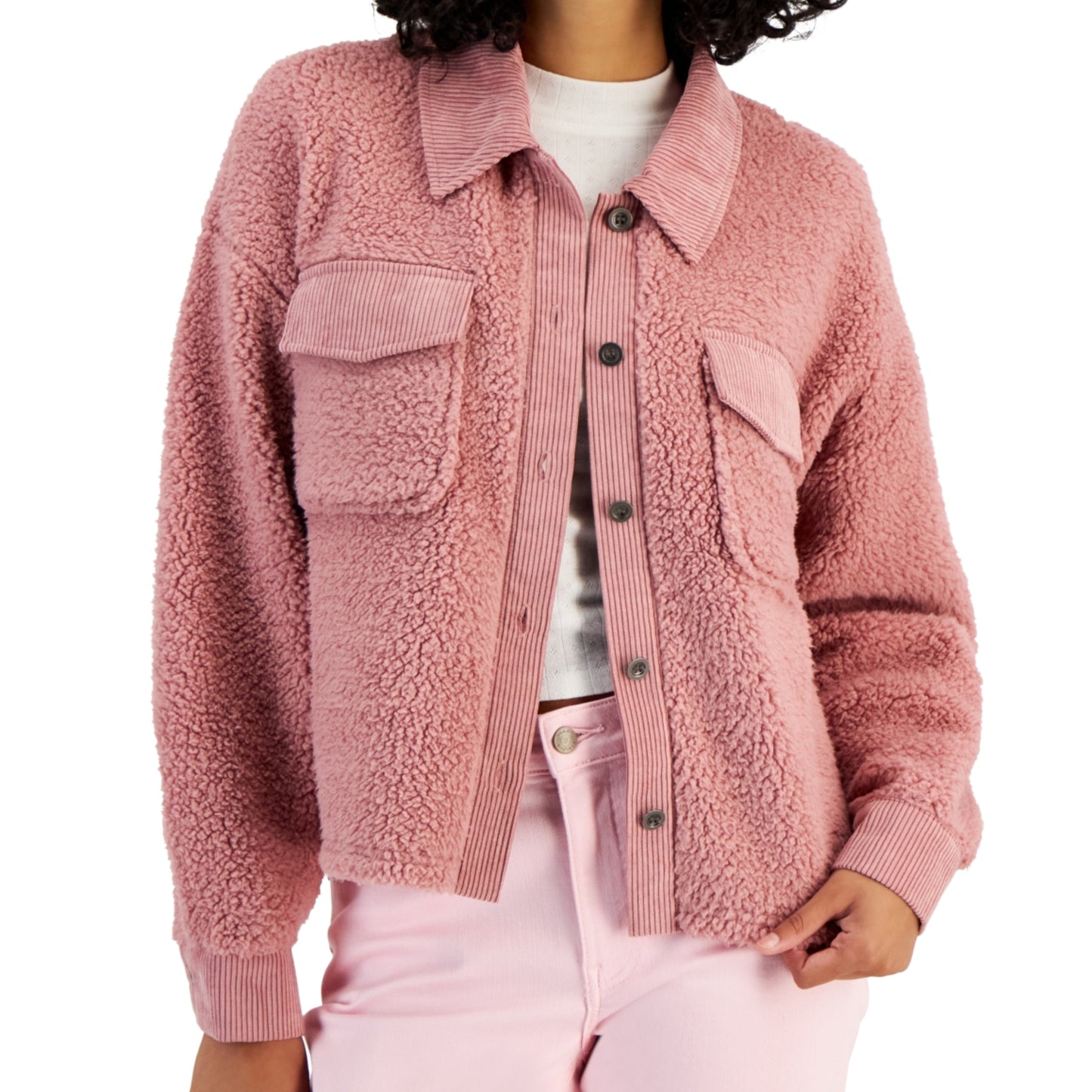 HIPPIE ROSE - Corduroy-Trimmed Sherpa Shacket