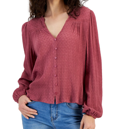 HIPPIE ROSE - V-Neck Button-Front Long-Sleeve Blouse