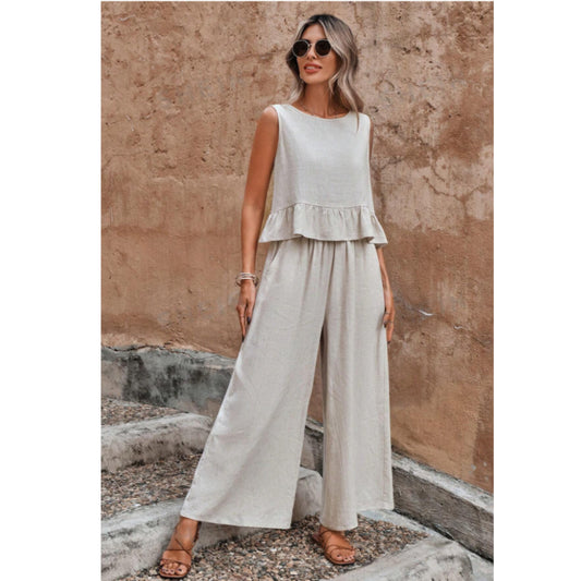 SHEIN - Button Back Ruffle Hem Top & Wide Leg Pants set