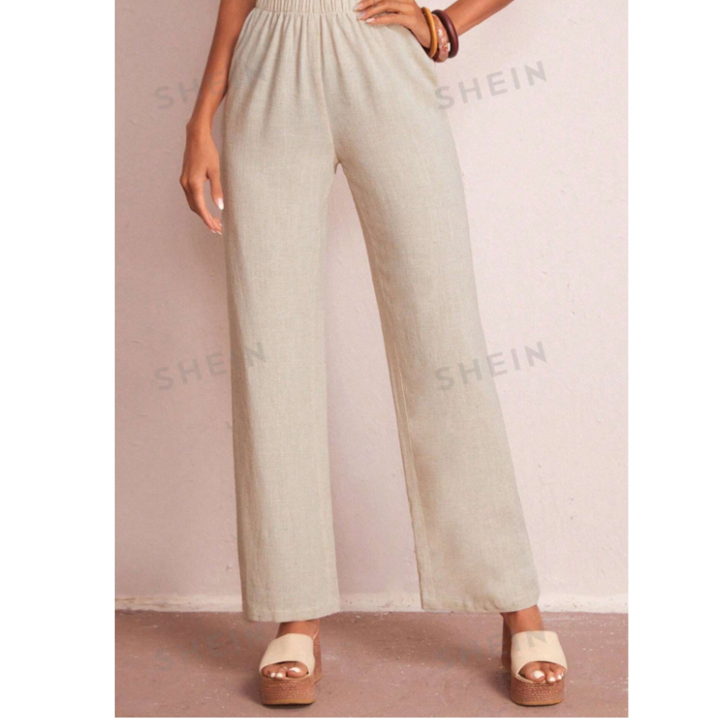 SHEIN - Elastic Waist Solid Wide Leg Pants