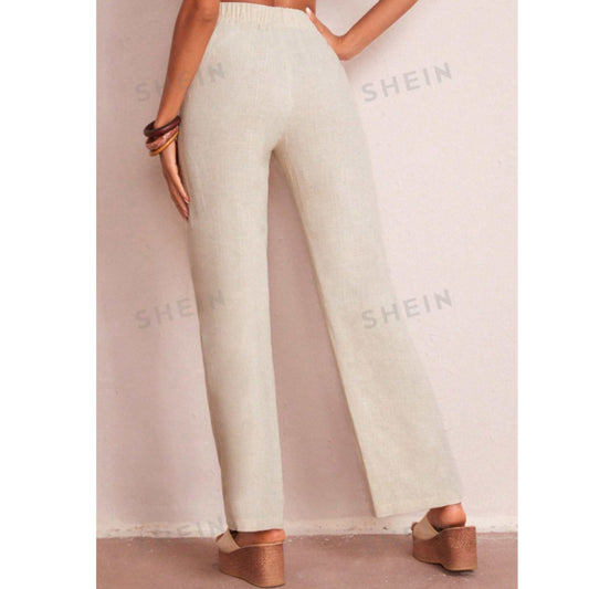 SHEIN - Elastic Waist Solid Wide Leg Pants