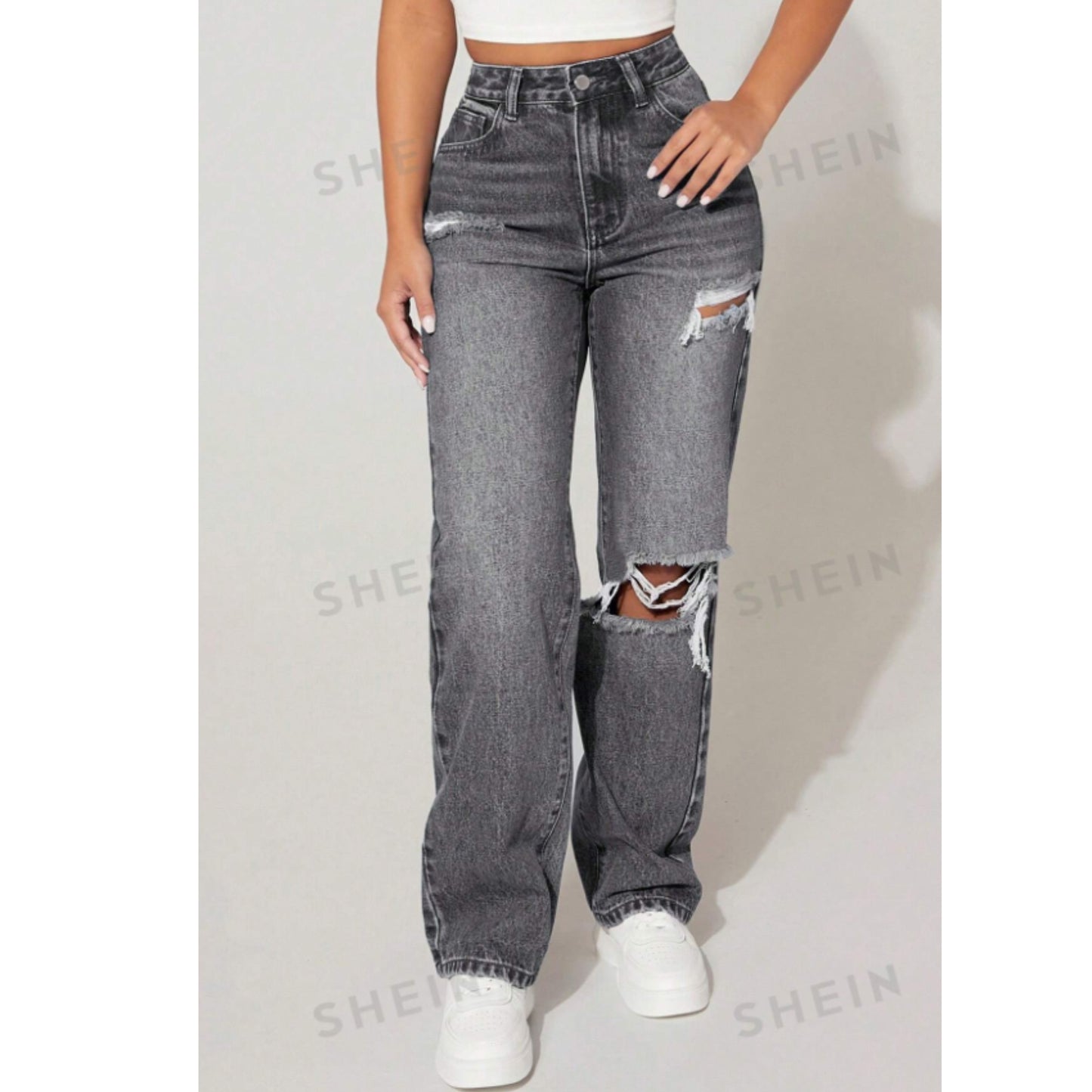 SHEIN - PETITE High Waist Cut Out Ripped Frayed Straight Denim