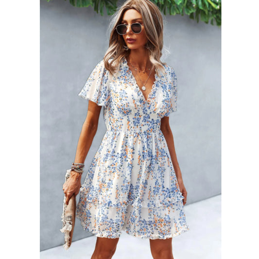 SHEIN - Flower pattern ruffle v neck midi dress