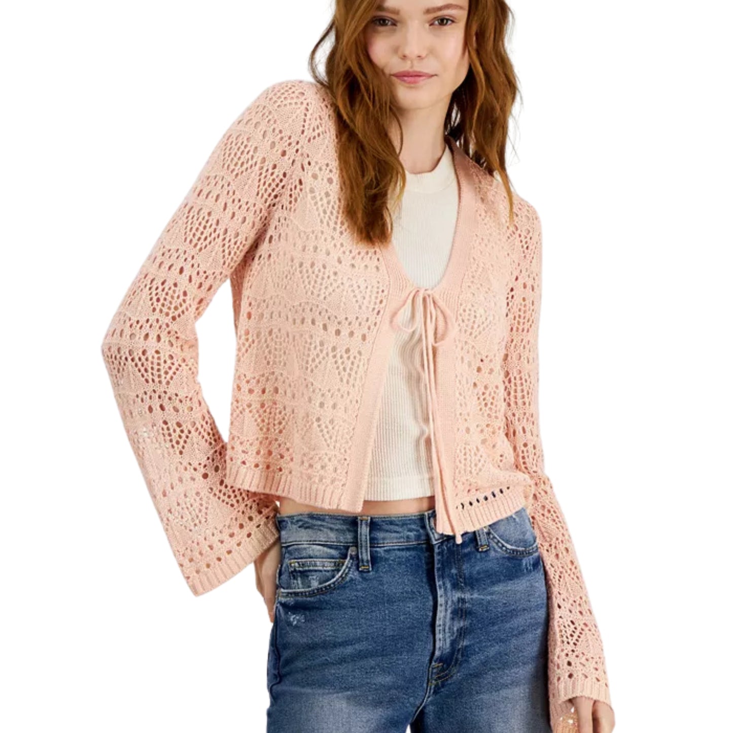 HOOKED UP - Open-Knit Tie-Front Cardigan Sweater