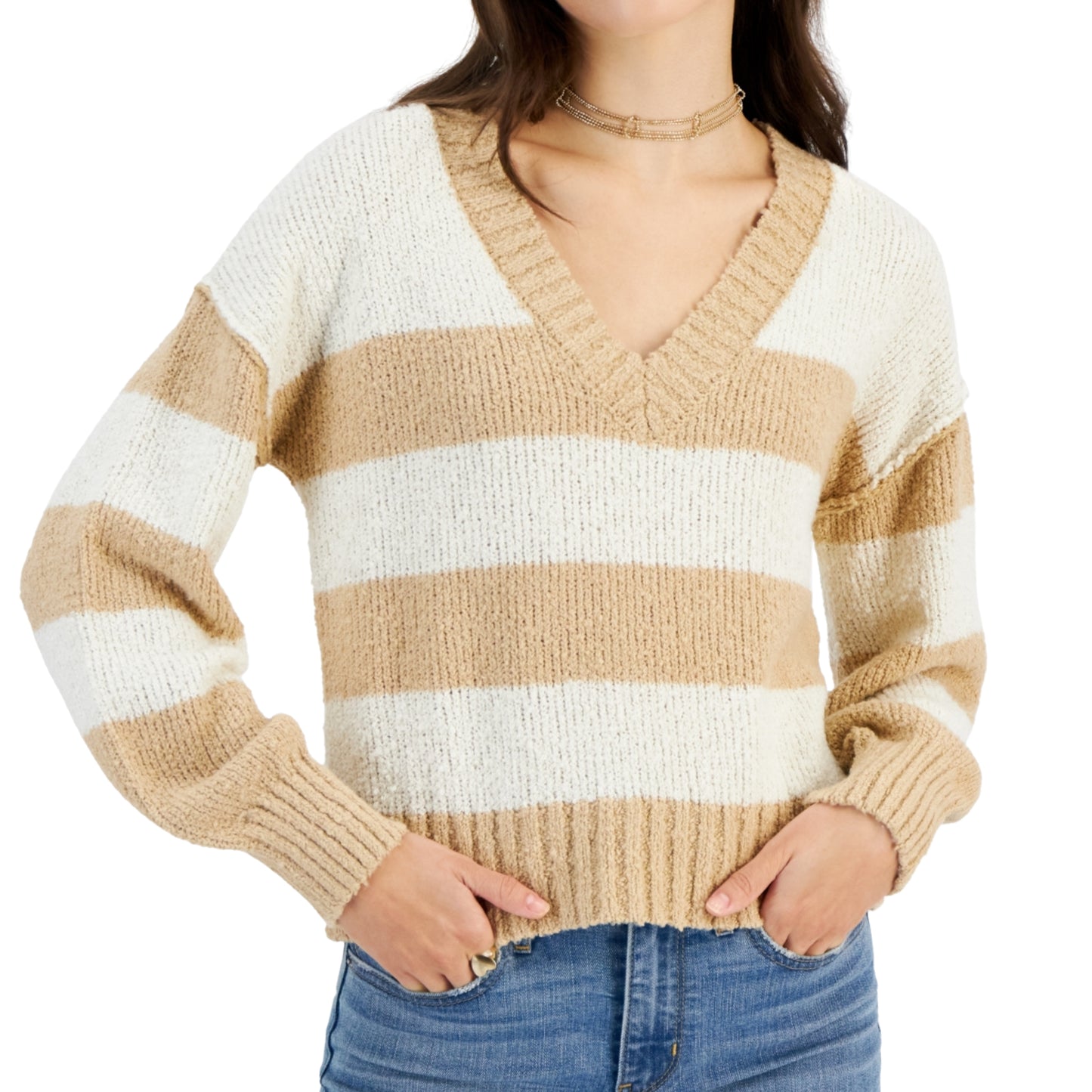 HIPPIE ROSE - V-Neck Boucle Striped Sweater