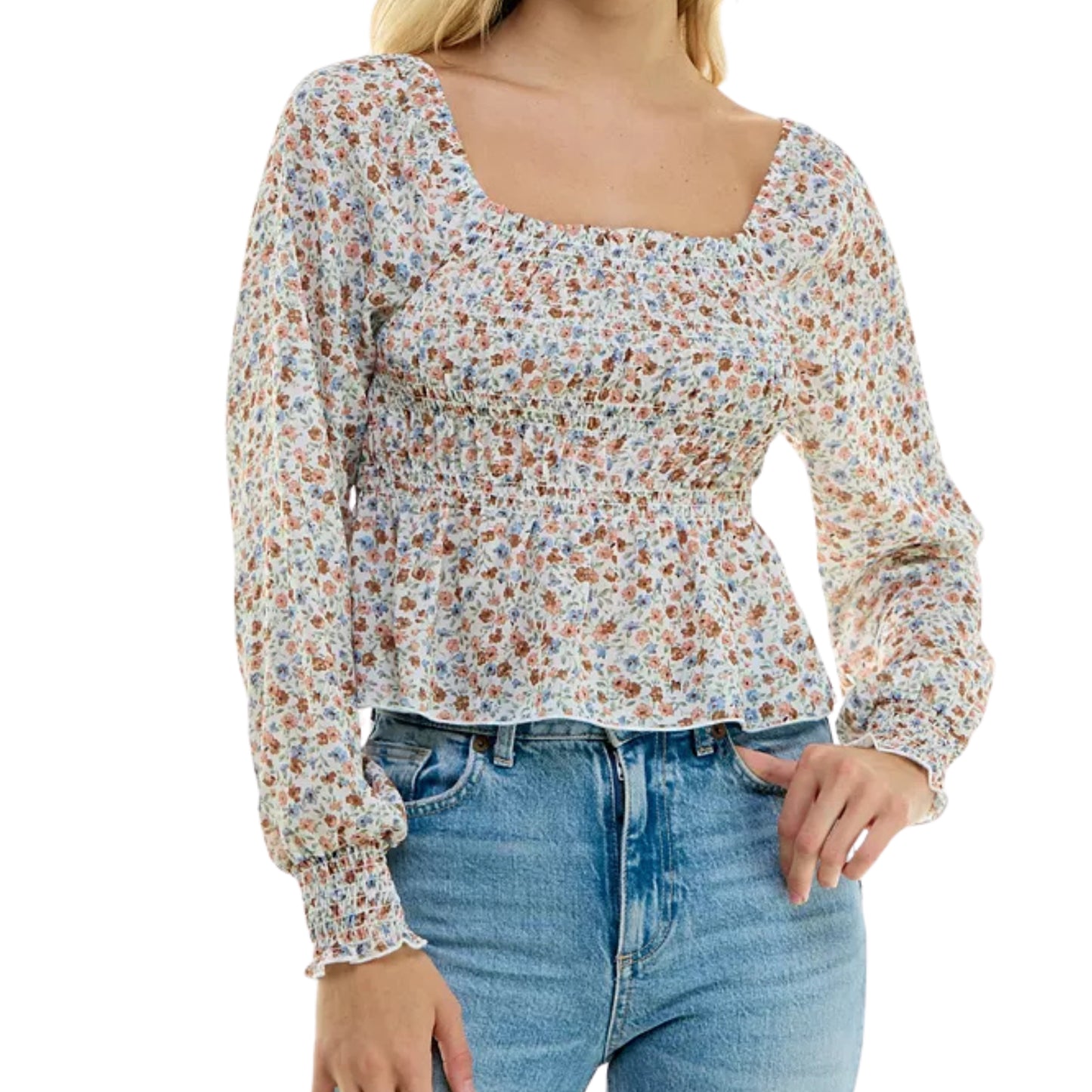 ULTRA FLIRT - Long Puff Sleeve Smocked Floral Peplum Blouse