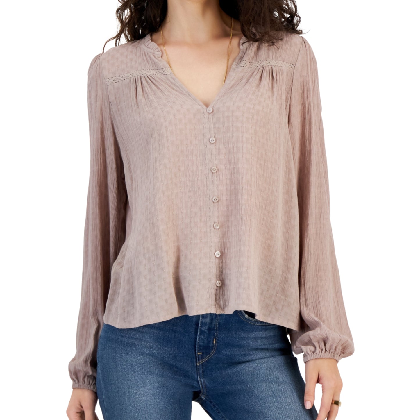 HIPPIE ROSE - V-Neck Button-Front Long-Sleeve Blouse