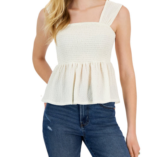 DEREK HEART - Square-Neck Smocked Sleeveless Peplum Top