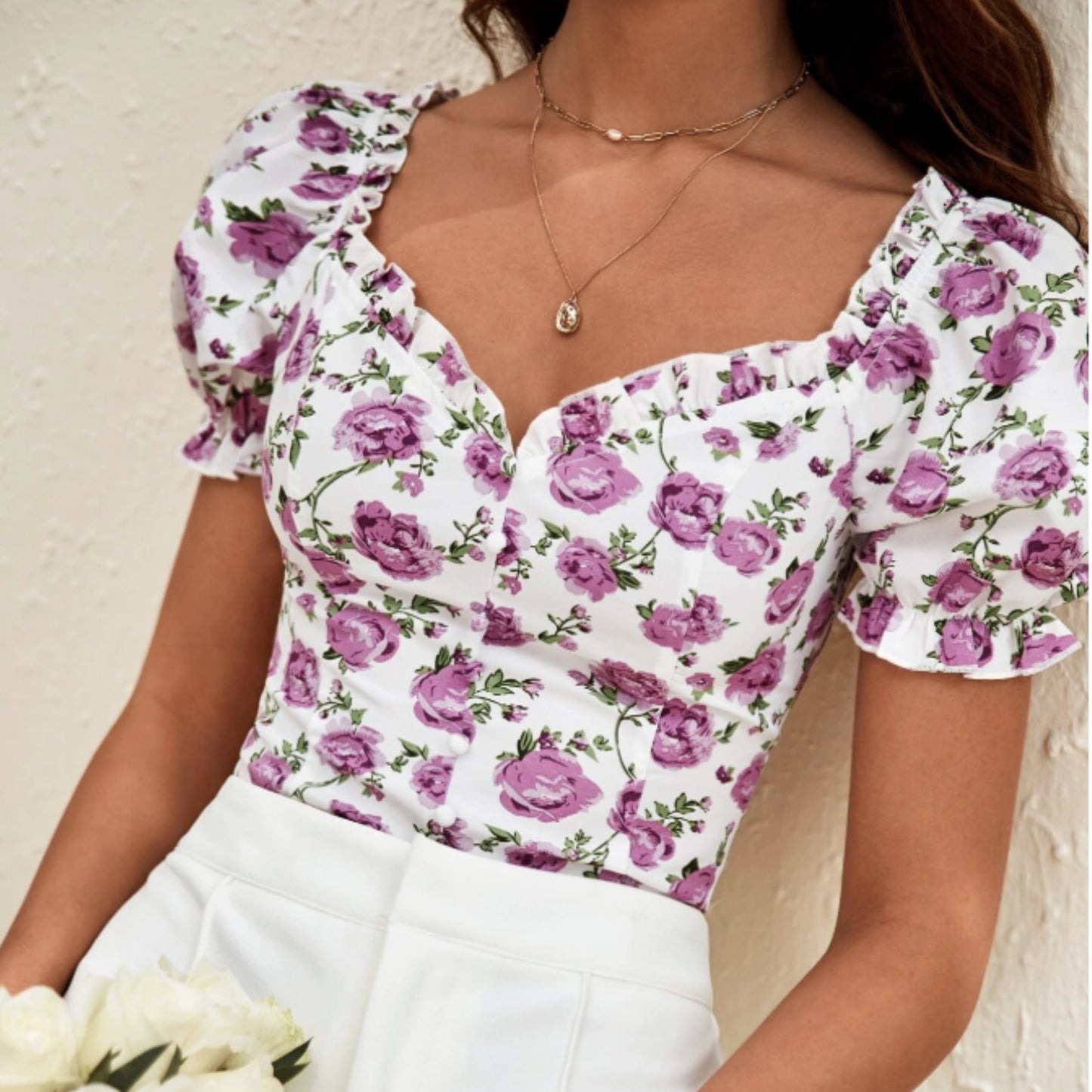 SHEIN - Floral Print Sweetheart Neck Puff Sleeve Blouse