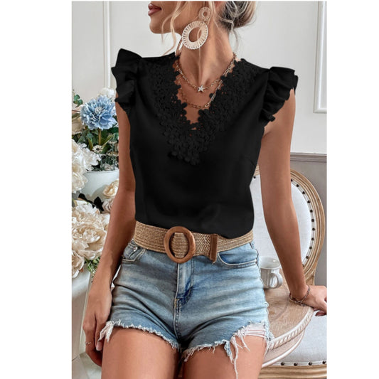 SHEIN - Lace Trim Cap Sleeve Blouse