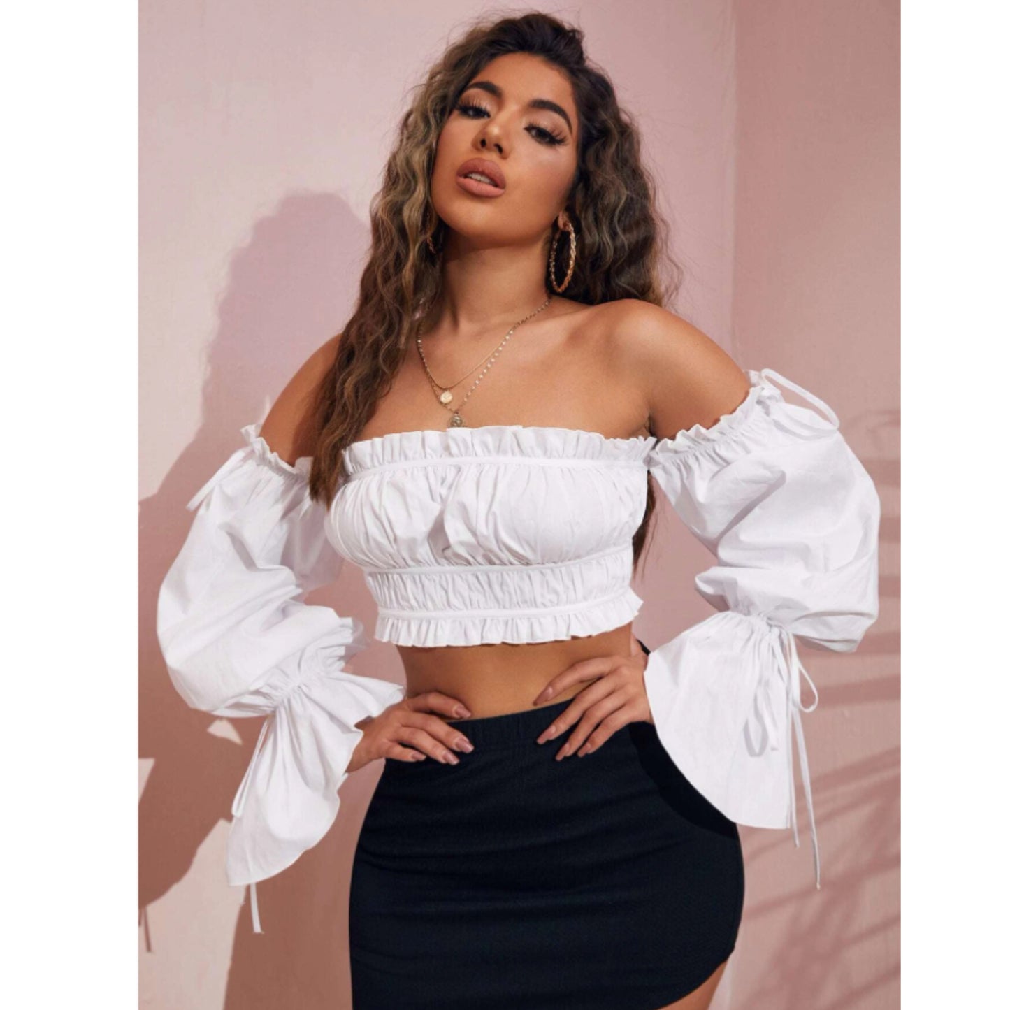 SHEIN - Off Shoulder Ruffle Trim Knot Sleeve